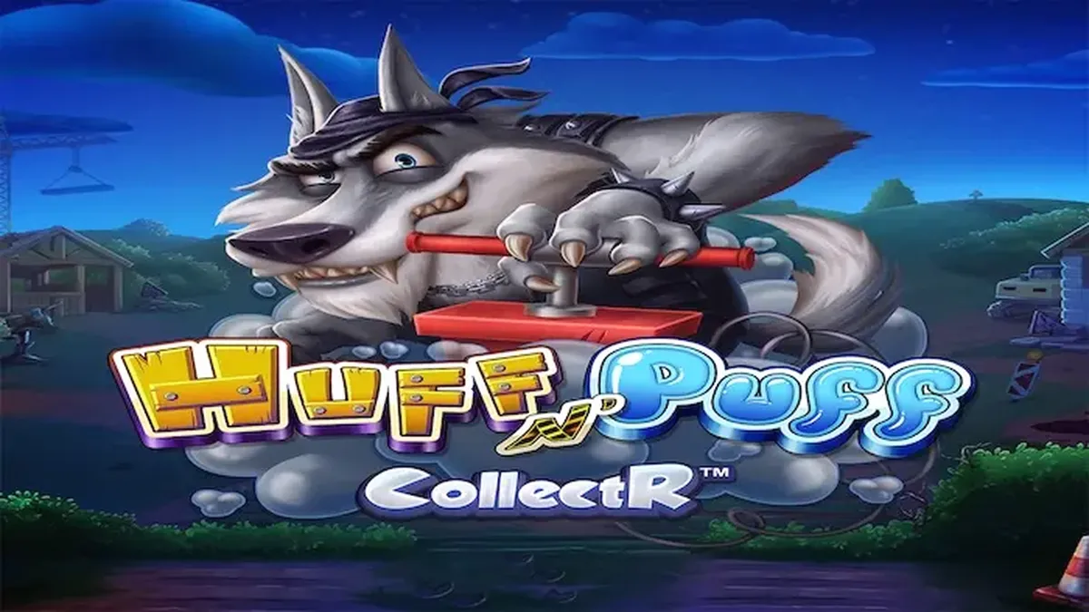 Tampilan visual slot Huff N' Puff CollectR dengan tema babi dan serigala