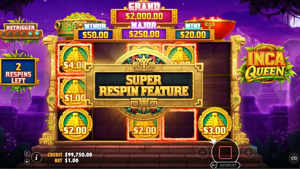 Pemandangan kuil Inca megah dengan latar belakang pegunungan dalam slot Inca Queen
