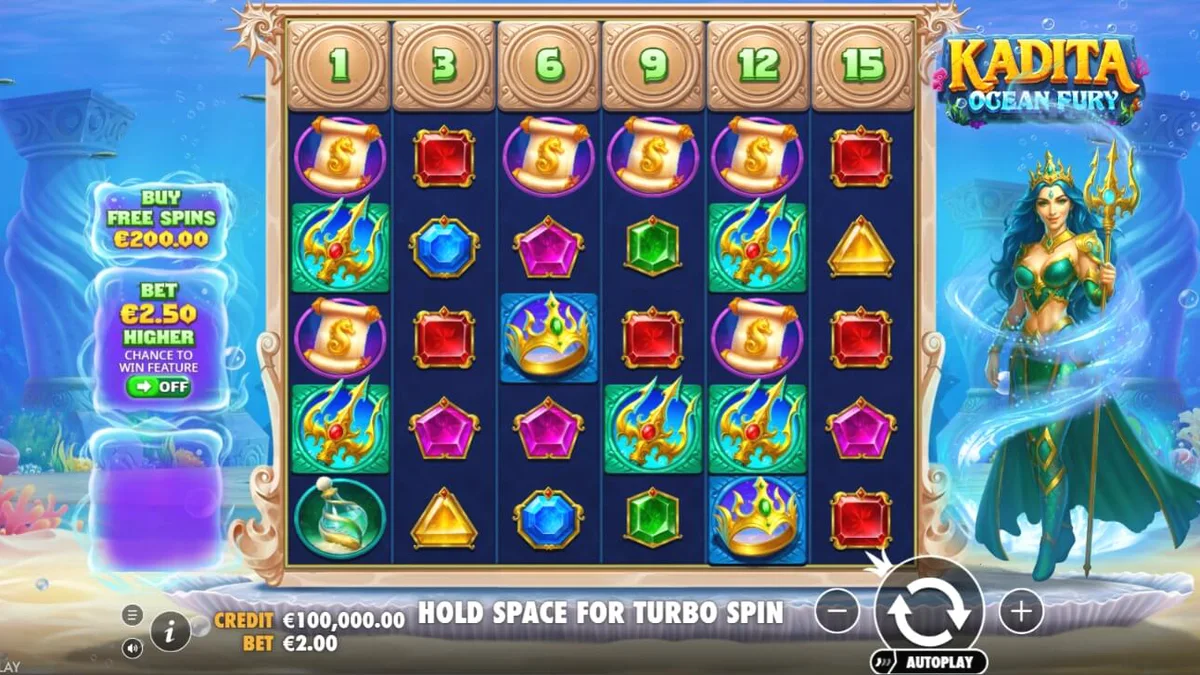 Tampilan visual slot Kadita Ocean Fury dengan tema bawah laut dan Dewi Kadita