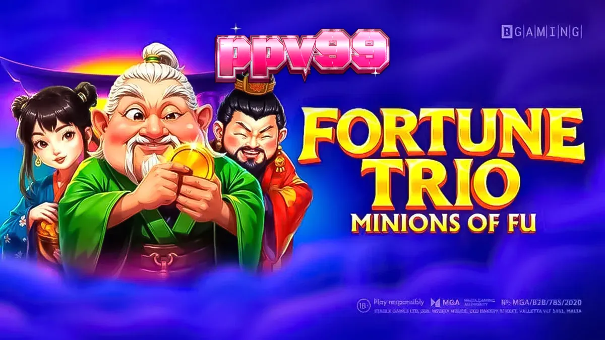 Tampilan visual slot Fortune Trio: Minions of Fu dengan karakter dan simbol bertema Asia.
